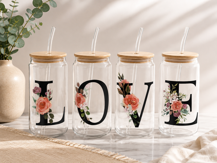 لیوان پیرکس نیدار طرح LOVE گلدار (ست ۴ عددی)