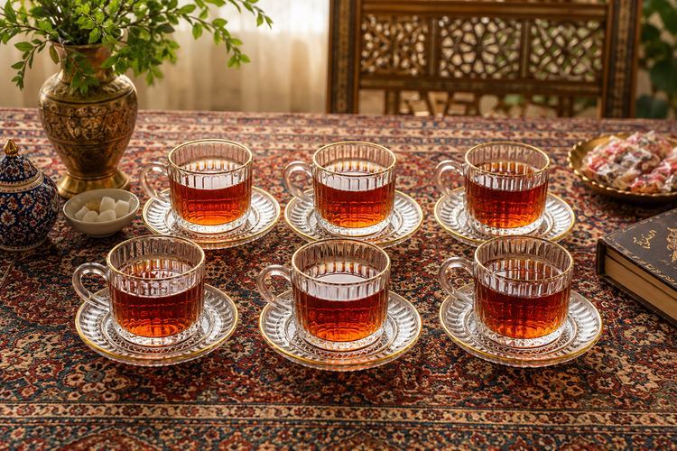 سرویس ۶ نفره فنجان و نعلبکی شیشهای شیاردار لب طلایی