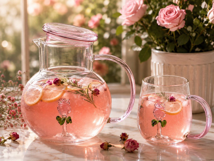 ست پارچ و ماگ پیرکس طرح رز مدل فانتزی